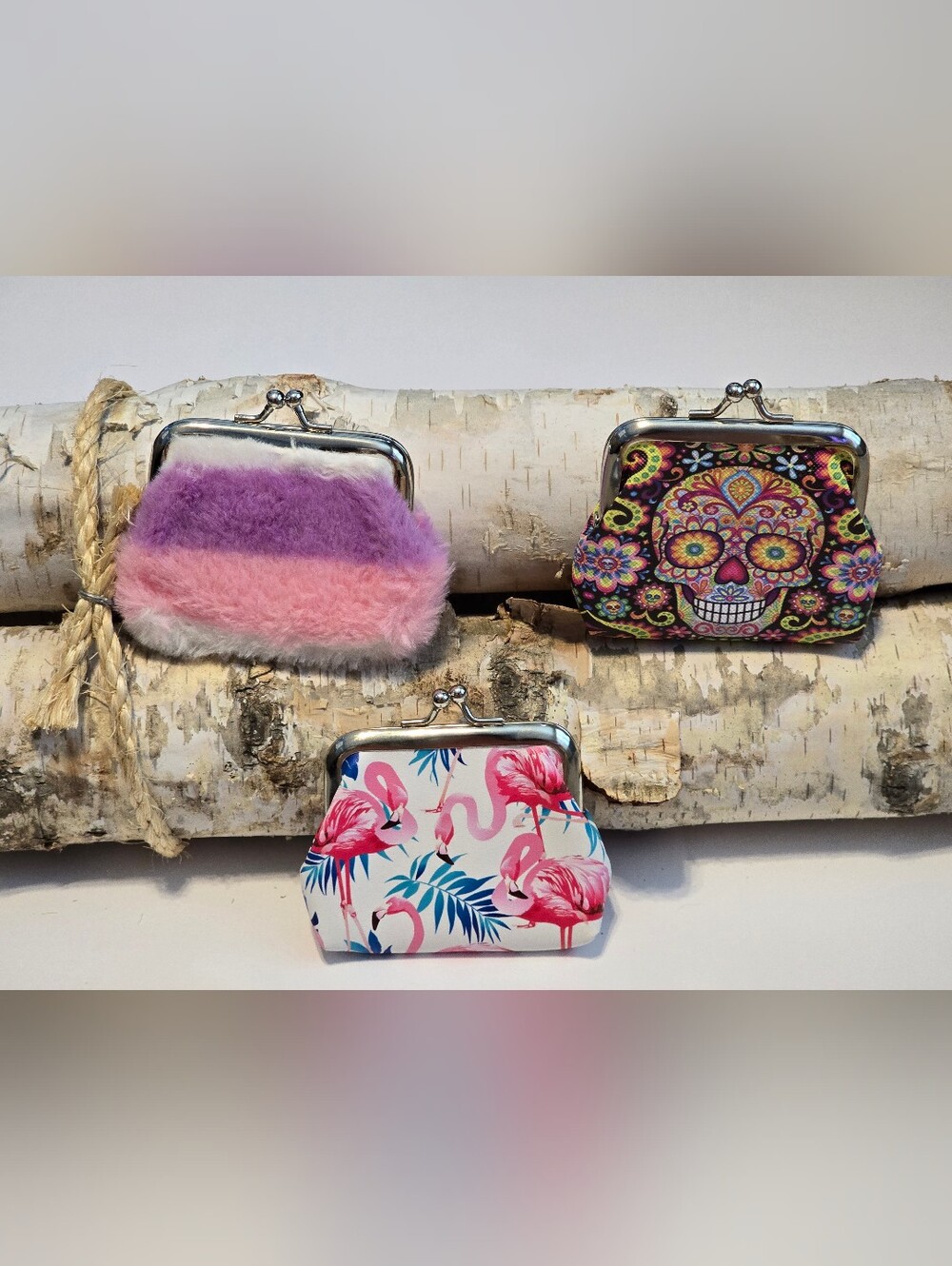 πBoutique Coin Purse Lot 3pc Purple Ombre Fur Skull Flamingo Clasp Pouch ππ𦩠- Picture 1 of 4